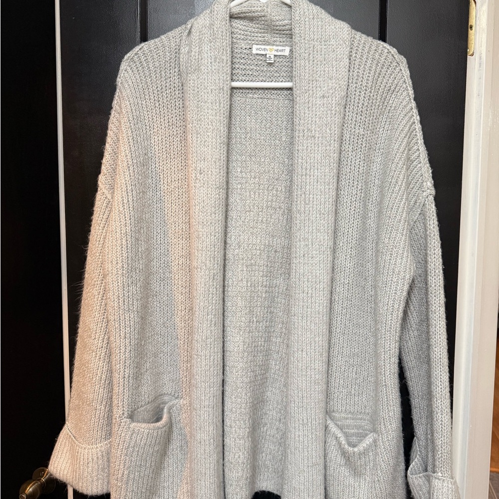 Woven Heart Light Gray Open-Front Cardigan Sweater